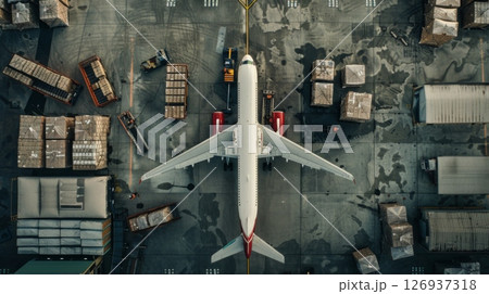 Aerial view of a cargo plane being loaded at the airport terminal, surrounded by containers, trucks, and cargo pallets. 126937318