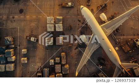 Aerial view of a cargo plane being loaded at the airport terminal, surrounded by containers, trucks, and cargo pallets. 126937319