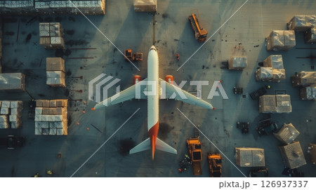 Aerial view of a cargo plane being loaded at the airport terminal, surrounded by containers, trucks, and cargo pallets. 126937337