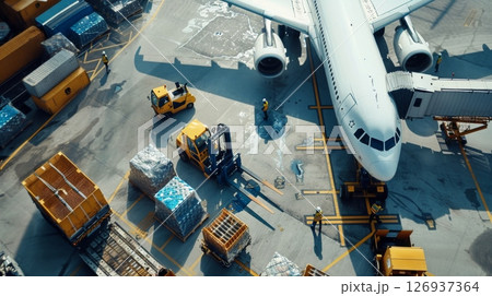 Aerial view of a cargo plane being loaded at the airport terminal, surrounded by containers, trucks, and cargo pallets. 126937364