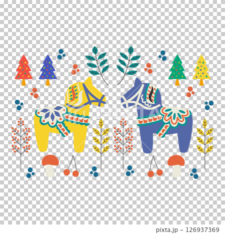 Dala horse and flowers vector illustration set 126937369