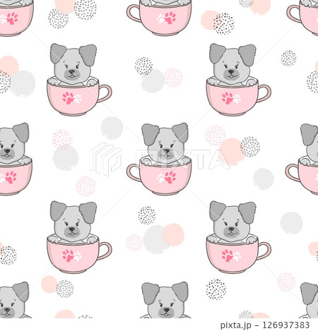 Seamless pattern with cute puppy in cup. Vector dog illustration for kids Seamless pattern with cute puppy in cup. Vector dog illustration for kids 126937383