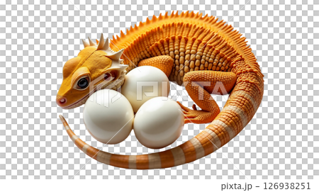The female bearded dragon is curled around a cluster of leathery white eggs, showcasing a nurturing behavior. The vibrant colors of the dragon contrast with the pale eggs. The female bearded dragon is curled around a cluster of leathery white eggs, showcasing a nurturing behavior. The vibrant colors of the dragon contrast with the pale eggs. 126938251