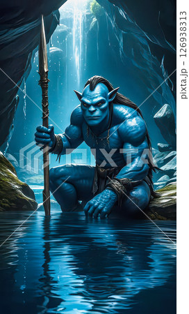 A warrior with a spear in a cave. A muscular blue elf with a warlike look. 126938313