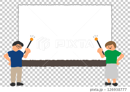 Illustration of a man and woman explaining something using a pointer in front of a whiteboard Illustration of a man and woman explaining something using a pointer in front of a whiteboard 126938777