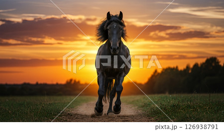 夕日を浴びて躍動する馬 126938791