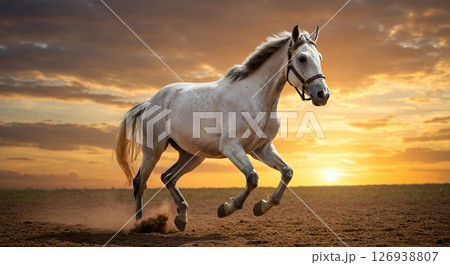 夕日を浴びて疾走する馬 白馬 夕日を浴びて疾走する馬 白馬 126938807