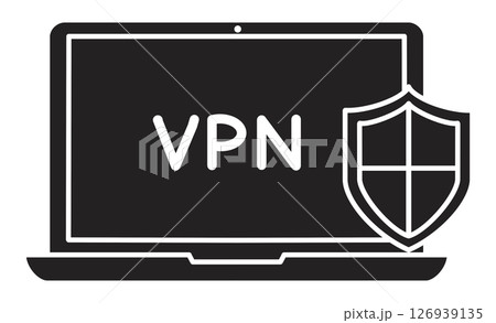 サイバーセキュリティ対策とVPN接続を示すノートパソコンと盾アイコンのイラスト サイバーセキュリティ対策とVPN接続を示すノートパソコンと盾アイコンのイラスト 126939135