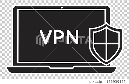 Illustration of a laptop and shield icon representing cyber security measures and VPN connection 126939135