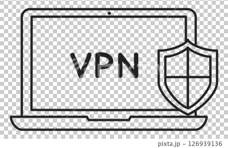 サイバーセキュリティ対策とVPN接続を示すノートパソコンと盾アイコンのイラスト サイバーセキュリティ対策とVPN接続を示すノートパソコンと盾アイコンのイラスト 126939136