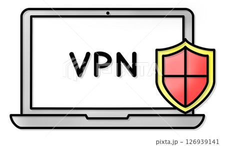 サイバーセキュリティ対策とVPN接続を示すノートパソコンと盾アイコンのイラスト 126939141