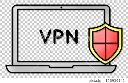サイバーセキュリティ対策とVPN接続を示すノートパソコンと盾アイコンのイラスト 126939141