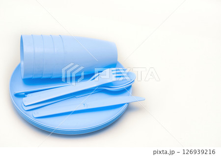 Blue plastic fork,cups,spoon,knife,plate for camping, isolated on white 126939216
