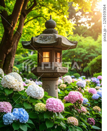 紫陽花に包まれた和の石灯籠 紫陽花に包まれた和の石灯籠 126939364