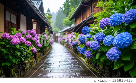 雨に濡れた石畳と咲き誇る紫陽花 126939413