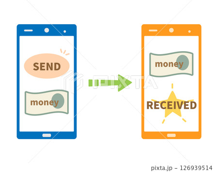 スマホ間の資金移動やデジタルマネーの取引をイメージしたイラスト 126939514