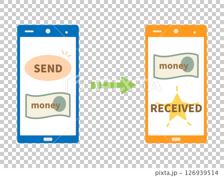 スマホ間の資金移動やデジタルマネーの取引をイメージしたイラスト 126939514
