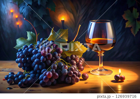 A glass of wine, a bunch of grapes by candlelight.A pleasant good evening 126939716