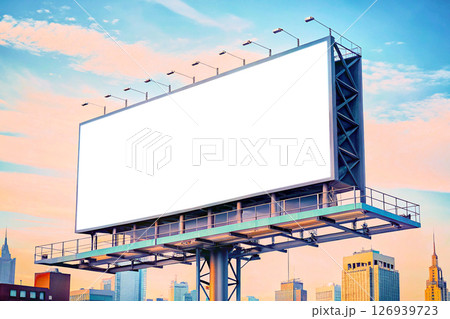 Large blank advertising billboard on roof of city skyscrapers 126939723
