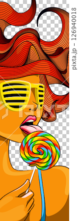 Woman with sunglasses licking lollipop candy 126940018
