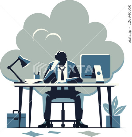 Person overwhelmed and tired of work by the desk illustration 126940050