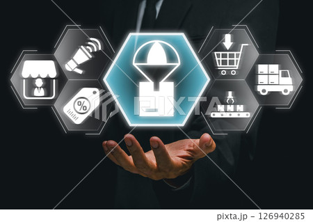 Visual representation of drop shipping with digital icons highlighting e-commerce and logistics in a modern business context. Visual representation of drop shipping with digital icons highlighting e-commerce and logistics in a modern business context. 126940285