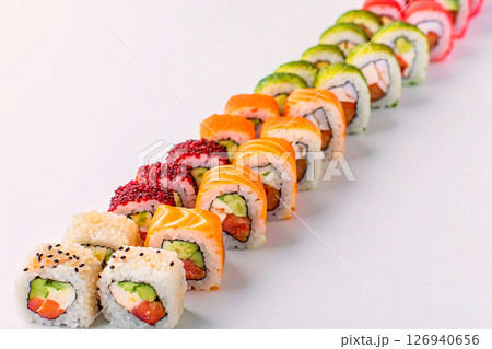 Tasty set of delicious fresh oriental sushi with red fish 126940656