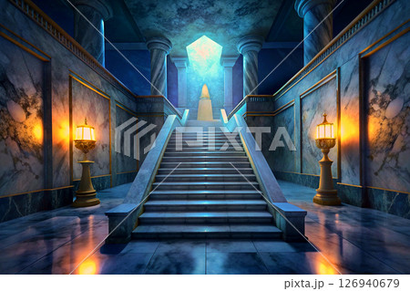 Stones marble evening staircase in mysterious rich medieval palace 126940679