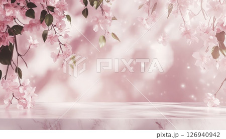 Delicate pink blossoms adorn a marble surface in soft light 126940942