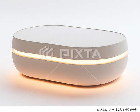Sleek modern white and gray lamp emitting warm light 126940944