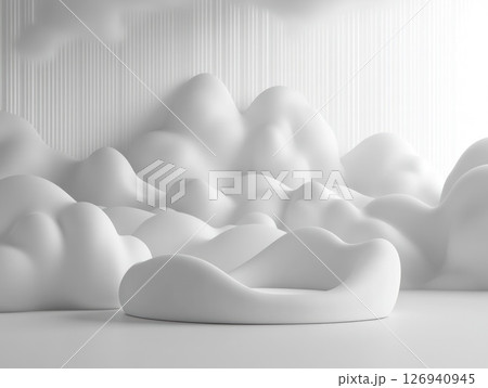 White abstract scene with clouds and unique bench 126940945