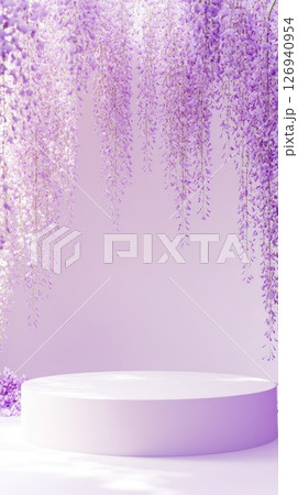 Podium encircled by wisteria blooms displayed in a tranquil ambiance 126940954