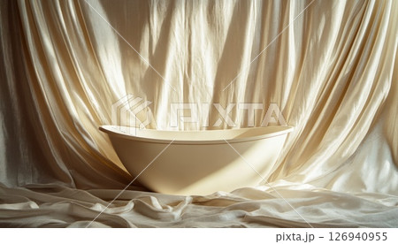Elegant bathtub centerpiece displayed against draped cream colored fabric 126940955