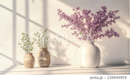 Three vases with flowers stand bathed in sunlight 126940959