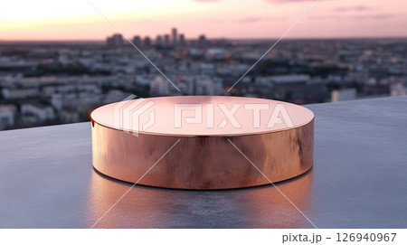 Copper colored product podium with cityscape at sunset background 126940967