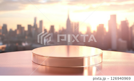 Golden platform presents city skyline during golden hour sunset 126940969