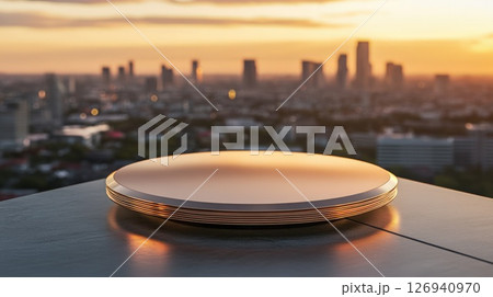 Sleek circular platform stands against a breathtaking city skyline backdrop Sleek circular platform stands against a breathtaking city skyline backdrop 126940970