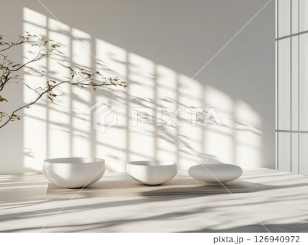 Three minimalistic bowls are displayed in a bright modern interior Three minimalistic bowls are displayed in a bright modern interior 126940972