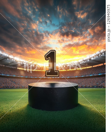 Floating number one over a winner podium in a stadium 126940975