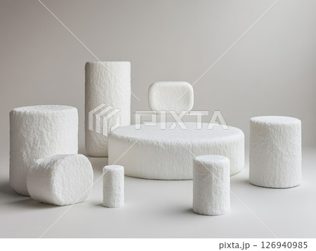 White textured geometric objects arranged on a plain light background 126940985