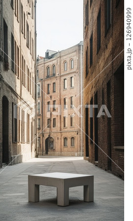 Concrete table stands in an alley surrounded by buildings 126940999