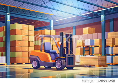 Orange forklift in warehouse of finished different goods and products 126941256