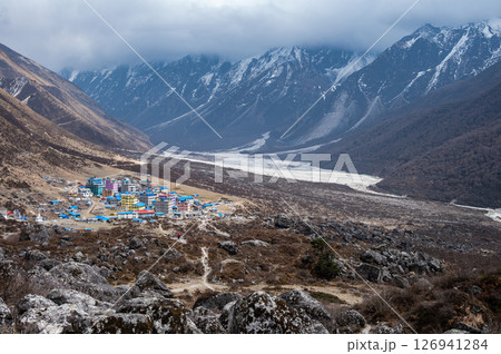 Beautiful view of Kyanjin Gompa the end of the Langtang Valley Trek in Nepal. Beautiful view of Kyanjin Gompa the end of the Langtang Valley Trek in Nepal. 126941284