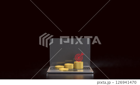 The Gold coins and red target on laptop for Business concept 3d Rendering. The Gold coins and red target on laptop for Business concept 3d Rendering. 126941470