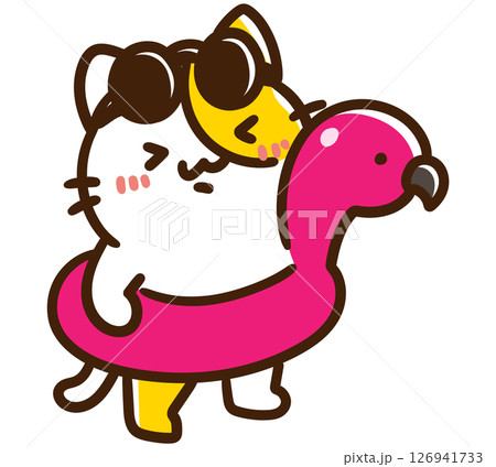 フラミンゴの浮き輪をつけて海水浴を楽しもうとするかわいいねこのキャラクターのデフォルメイラスト フラミンゴの浮き輪をつけて海水浴を楽しもうとするかわいいねこのキャラクターのデフォルメイラスト 126941733