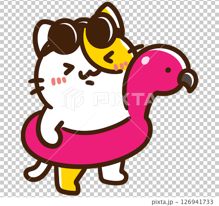 一個可愛的貓咪角色戴著火烈鳥游泳圈,在海裡享受游泳的變形插圖 一個可愛的貓咪角色戴著火烈鳥游泳圈,在海裡享受游泳的變形插圖 126941733