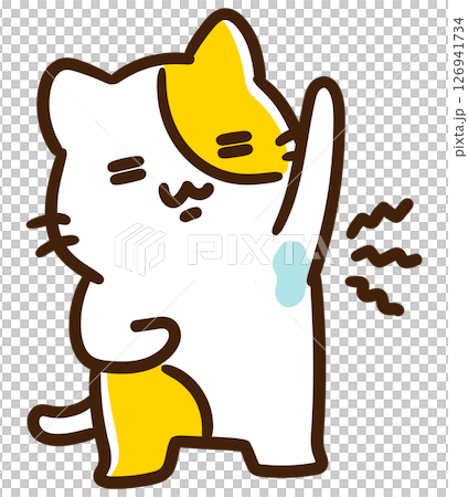 這是一隻可愛的貓咪因擔心腋下出汗和異味而做出鬼臉的變形插圖。 126941734