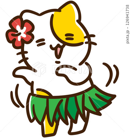 フラダンスを踊るかわいいねこのキャラクターのデフォルメイラスト 126941738