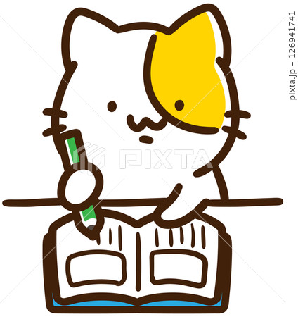 席について絵日記を書くかわいいねこのキャラクターの上半身イラスト 席について絵日記を書くかわいいねこのキャラクターの上半身イラスト 126941741