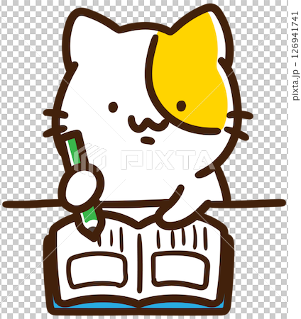 Upper body illustration of a cute cat character sitting and writing a picture diary 126941741